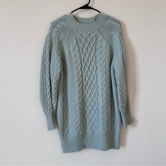 anrabess Sweaters - Women's Oversized Small Cable Knit Chunky Sweater dress Long Sleeve- Light Blue